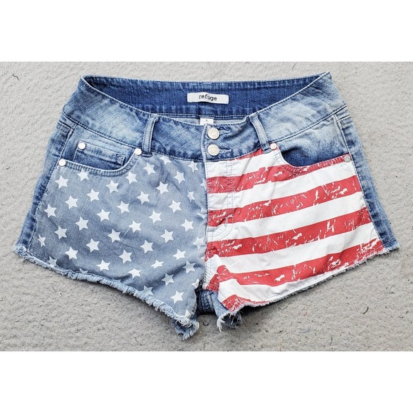 Refuge Cut-Off Shorts Womens Size 8 Multi Denim American Flag Print 2-Button Fly - Picture 1 of 8